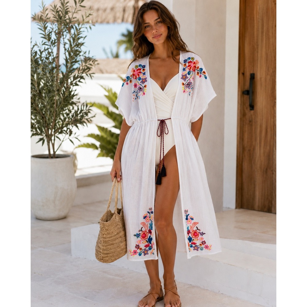 Oddi White Cotton Gauze Floral Embroidered Kimono Midi Coverup Tassel One Size